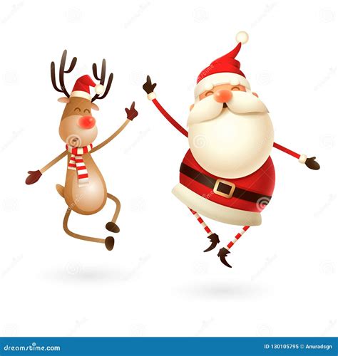 Happy Expresion Of Santa Claus And Reindeer They Jumping Straight Up