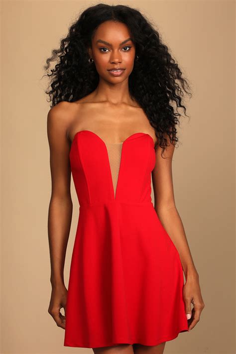 Red Strapless Skater Dress Plunge Skater Dress Red Mini Dress Lulus