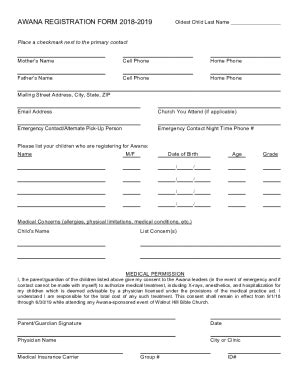 Fillable Online Awana Enrollment Form Ffwbchurchnc Fax Email