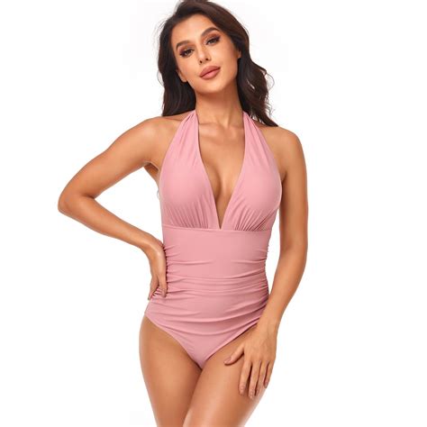 New Popular Solid Color One Piece Swimsuit With Pleated Halter Sexy