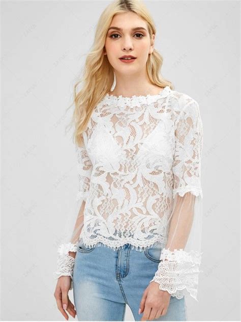 [21 Off] 2021 Sheer Mesh Panel Lace Blouse In White Zaful