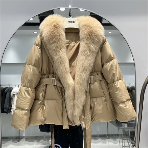 Lagabogy Real Fox Fur Winter Women Puffer Coat White Duck Down