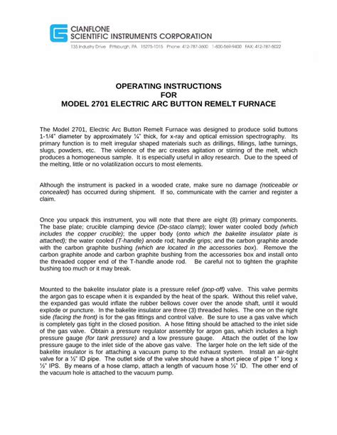 PDF OPERATING INSTRUCTIONS FOR MODEL 2701 ELECTRIC ARC Melting