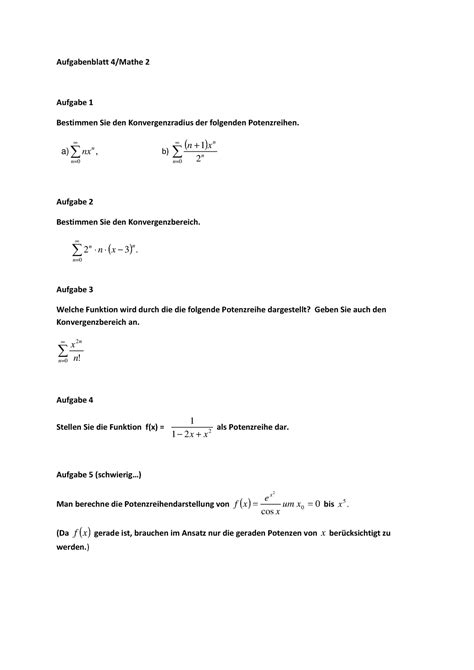 Aufgabenblatt 4 Mathe 2 Übungen bei Prof Trützschler Aufgabenblatt