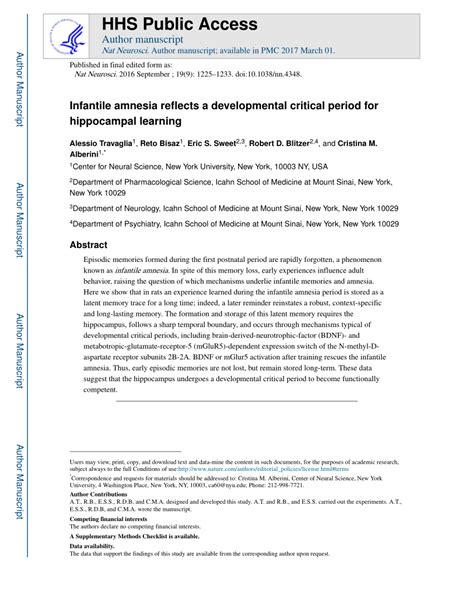 (PDF) Infantile amnesia reflects a developmental critical period for hippocampal learning