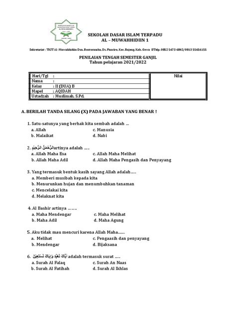 Soal Ulangan Semester Ganjil Kelas 2b 2021 Pdf