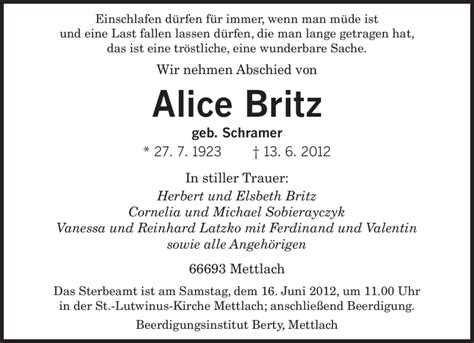 Traueranzeigen Von Alice Britz Saarbruecker Zeitung Trauer De