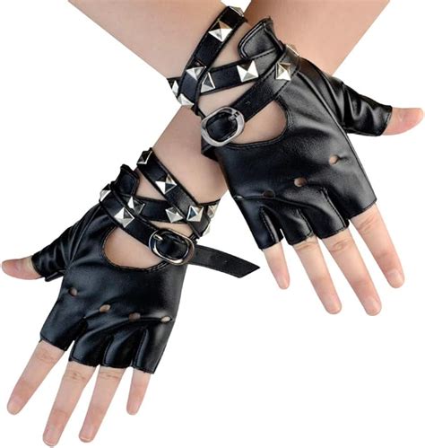 S Retro Black Vinyl Silver Studded Biker Fingerless Gloves Atelier