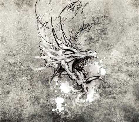 Sketch of a Dragon Head, Tattoo Drawing Over Vintage Paper Stock ...