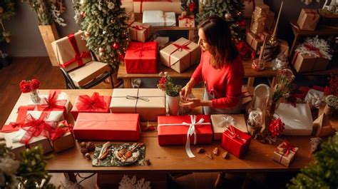 Premium Photo Woman Wrapping Christmas Presents At The Table