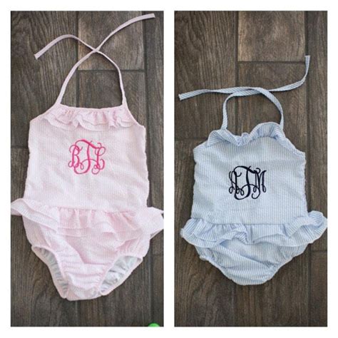 Girls Monogram Swim Suit Seersucker Swim Suit Personalized Etsy