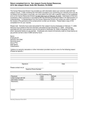 Fillable Online Seniority Greivance Form San Joaquin County Fax Email