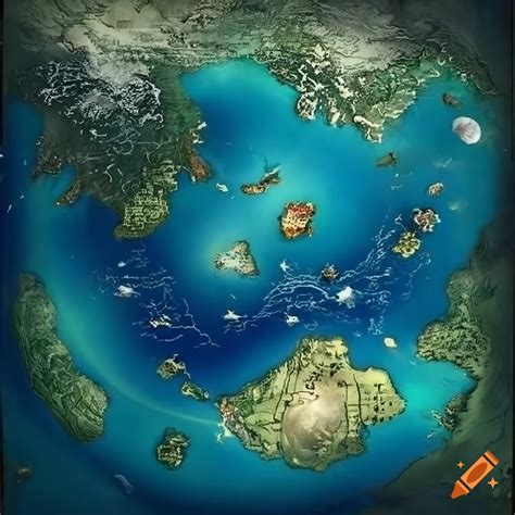 Intricately Detailed Map Of A Magical Realm With Continents Oceans