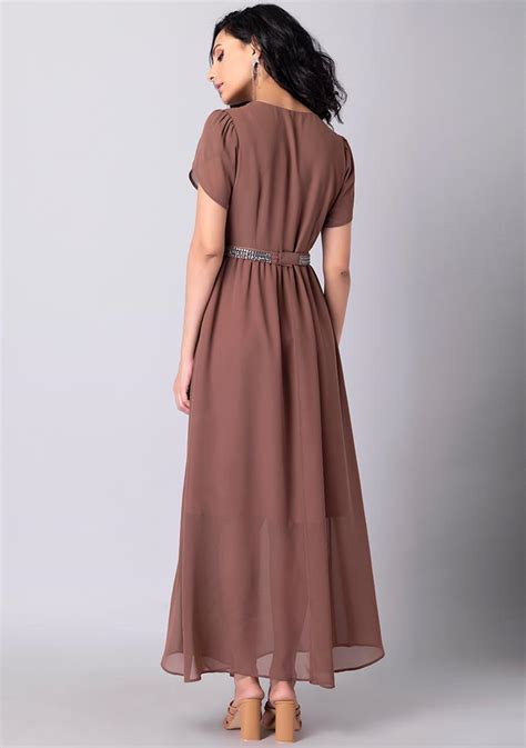 Buy Women Dusty Pink Tulip Sleeve Maxi Dress With Embellished Belt