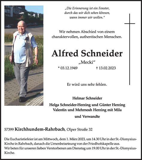 Traueranzeigen Von Alfred Schneider Trauer In Nrw De