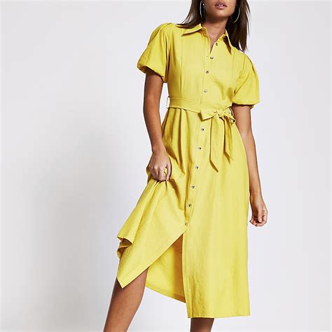 Yellow Puff Sleeve Midi Shirt Dress River Island