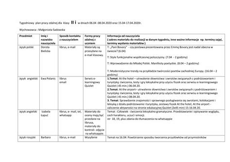 Pdf Tygodniowy Plan Pracy Zdalnej Dla Klasy W Dniach