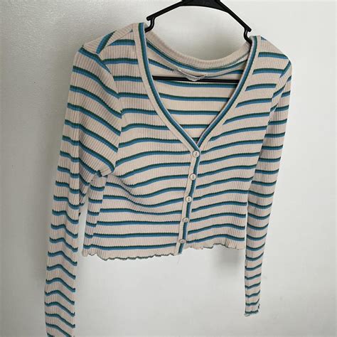 Urban Outfitters Women S Blue And Cream Cardigan Depop