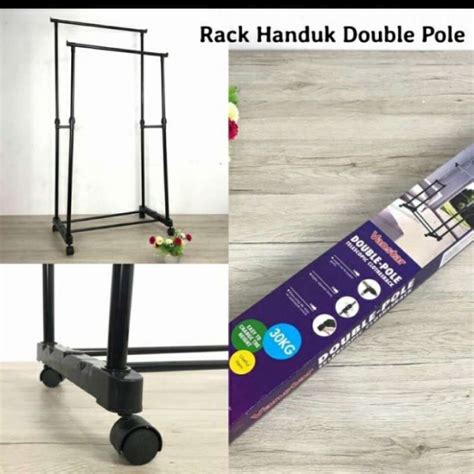 Jual STAND HANGER DOUBLE POLE STAINLESS STEEL DENGAN 4 RODA Di Seller