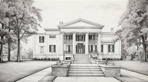 Photorealistic Pencil Drawing Of Classical Revival Mansion Stock