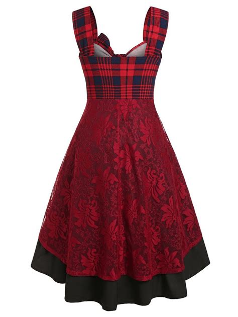 Plus Size Plaid Lace Dip Hem Bowknot Midi Dress