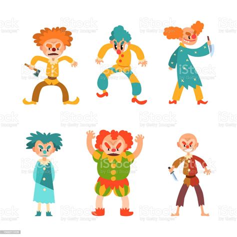 Creepy Clown Characters With Angry Frowning Face And Knife Vector Set Stock Illustration ...