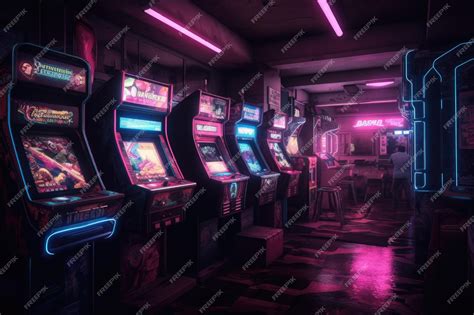 Premium Photo A Deserted Arcade Neon Lights Flickering And Casting An