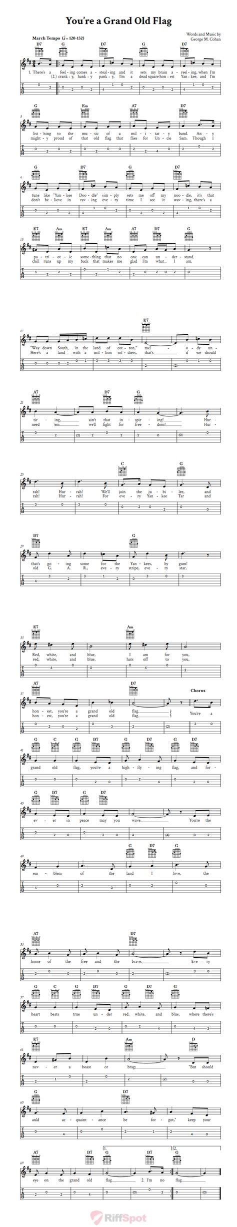 You're a Grand Old Flag - Easy Guitar Sheet Music and Tab with Chords ...