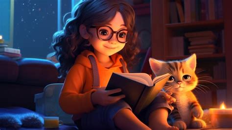 Premium AI Image | Little girl reading a book with her cat at home ...