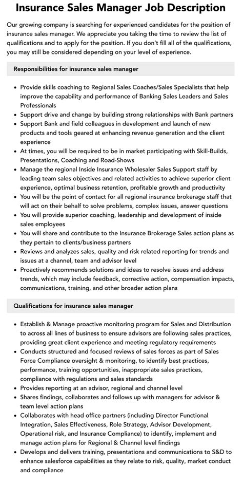 Insurance Sales Manager Job Description Velvet Jobs