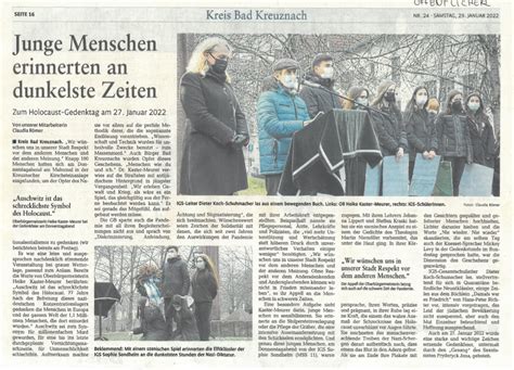 Presse Erinnern Am Holocaust Gedenktag IGS Sophie Sondhelm Bad