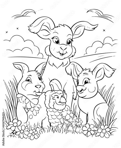 Cute cartoon farm animals, Hand drawn vector coloring page of ...