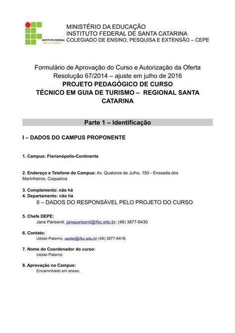 PDF PROJETO PEDAGÓGICO DE CURSO TÉCNICO EM GUIA DE TURISMO cs ifsc