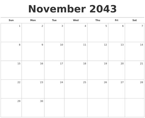 November 2043 Blank Monthly Calendar