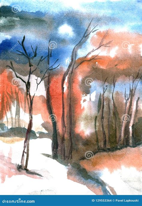 Winter Watercolor Landscape with Sunset. Watercolor Illustration. Stock ...