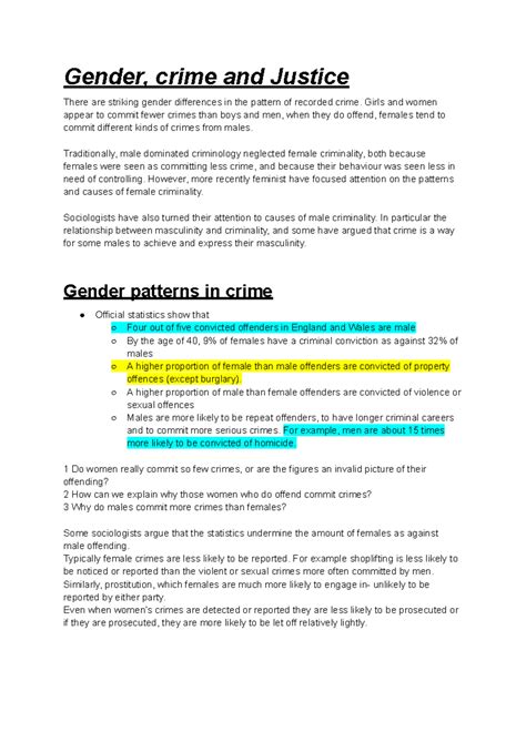 Gender Crime And Justice Gender Crime And Justice There Are Striking Gender Differences In