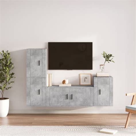 MEUBLE TV MURAL COMPLET Ensemble de meubles TV 4 pcs Gris béton Bois