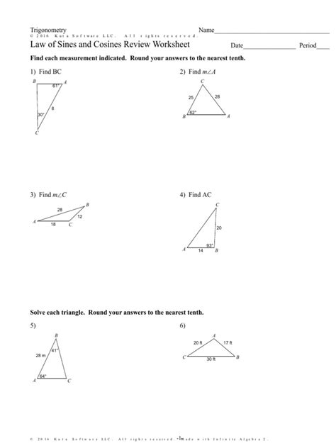 Law Of Sines And Cosines Practice Worksheet For Test Version