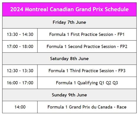 2024 F1 Montreal Schedule - Canadian Grand Prix Timetable