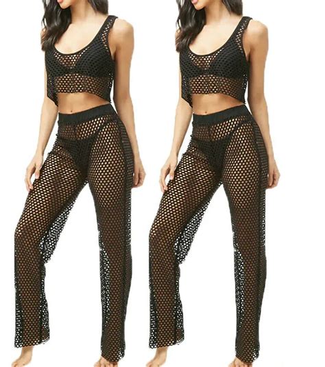 2pcs Women S Summer Hollow Bikini Swimwear Cover Up Crochet Fishnet