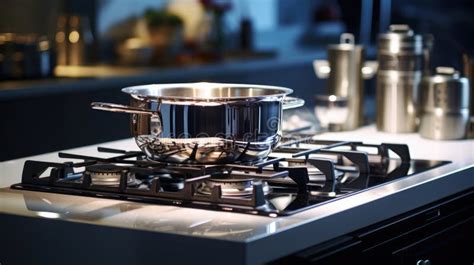 Shiny Steel Saucepan On Modern Gas Stove Stock Photo Image Of Chrome