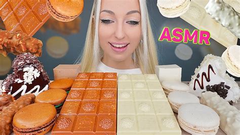 Asmr Eating White And Milk Chocolate Jelly Candy Bars Cake Macaroons