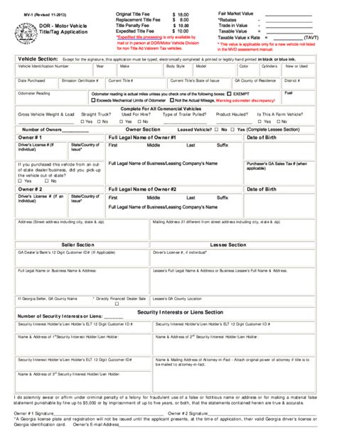 Fillable Online Form Mv 1 Dor Motor Vehicle Title Tag Application