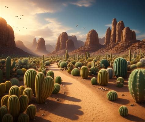 A desert scene with a cactus and mountains in the background. | Premium ...