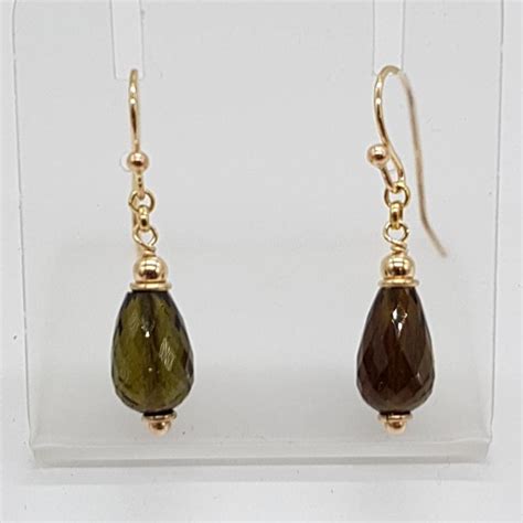 14ct Yellow Gold Smokey Quartz Teardrop Pear Shape Drop Earrings