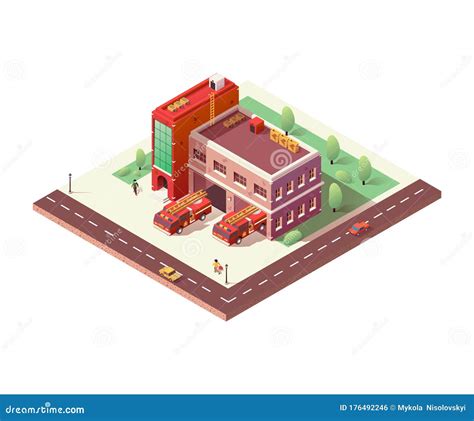 Isometric Fire Station Building And Fire Engine Stock Vector