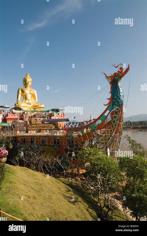 Huge Golden Buddha On The Banks Of The Mekong River At Sop Ruak