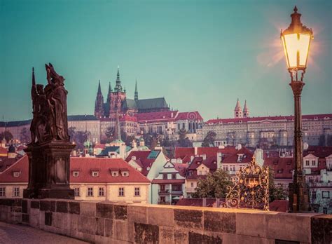 Charles Bridge At Sunrise Prague Czech Republic View On Prague Castle With St Vitus