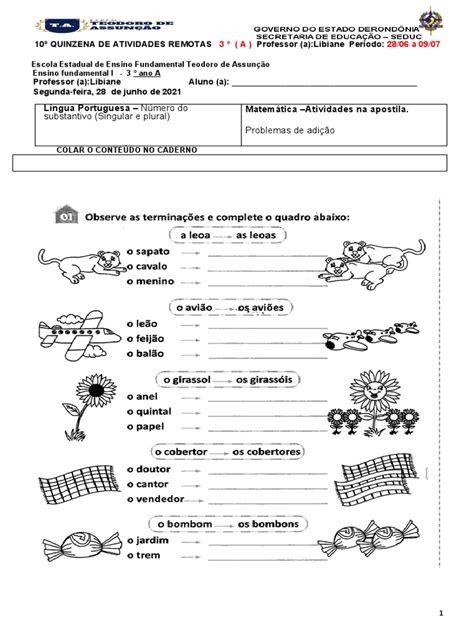 10 Quinzena De Atividades Para 3° Ano Fundamental Pdf Linguística