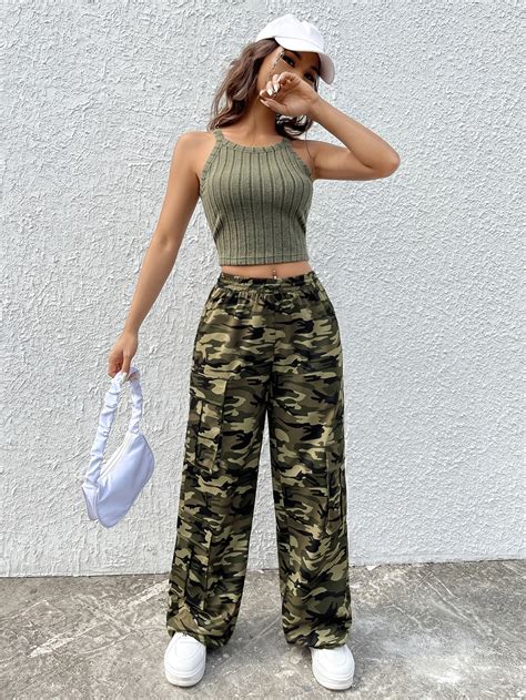 Shein Ezwear Gorpcore Pantalones Cargo Con Estampado De Camuflaje Con